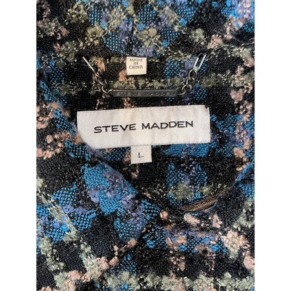 Womens Steve Madden Blue Plaid Tweed Belted Faux Leather Trim Buttons Coat L - Picture 6 of 12